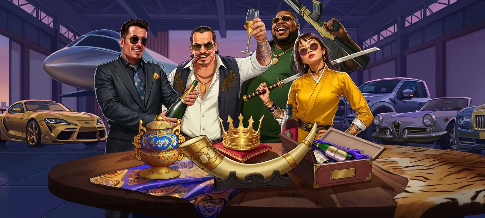 Mafia Casino Österreich: Überblick Illustration der Mafia Casino Crew vor Flugzeug und Luxusfahrzeugen
