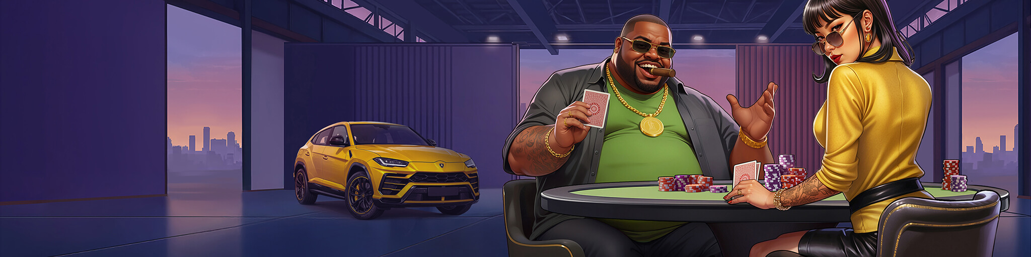 Mafia Casino Live Casino Mafia Casino Figuren an einem Live-Spielbereich mit Karten und Chips